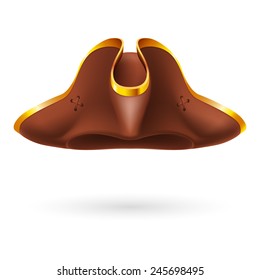 Brown pirate cocked hat on white background
