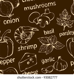 Brown pizza background with shrimp, onion, pepper, mushrooms, cheese, basil, garlic and parsley