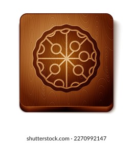 Brown Pizza icon isolated on white background. Fast food menu. Wooden square button. Vector