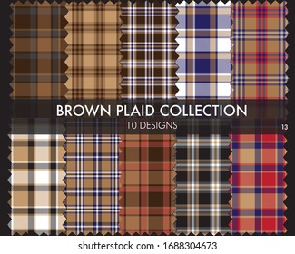 Brown plaid, checkered, tartan seamless pattern collection includes 10 designs suitable for fashion textiles and graphics