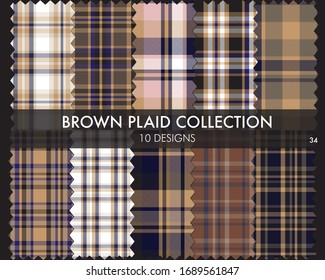 Brown plaid, checkered, tartan seamless pattern collection includes 10 designs suitable for fashion textiles and graphics