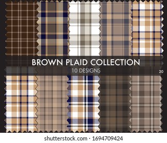 Brown plaid, checkered, tartan seamless pattern collection includes 10 designs suitable for fashion textiles and graphics