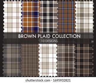 Brown plaid, checkered, tartan seamless pattern collection includes 10 designs suitable for fashion textiles and graphics