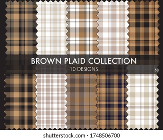 Brown plaid, checkered, tartan seamless pattern collection includes 10 designs suitable for fashion textiles and graphics