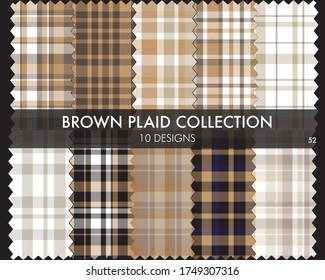 Brown plaid, checkered, tartan seamless pattern collection includes 10 designs suitable for fashion textiles and graphics