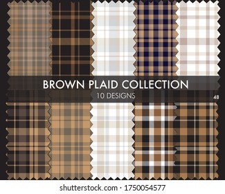 Brown plaid, checkered, tartan seamless pattern collection includes 10 designs suitable for fashion textiles and graphics