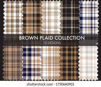 Brown plaid, checkered, tartan seamless pattern collection includes 10 designs suitable for fashion textiles and graphics