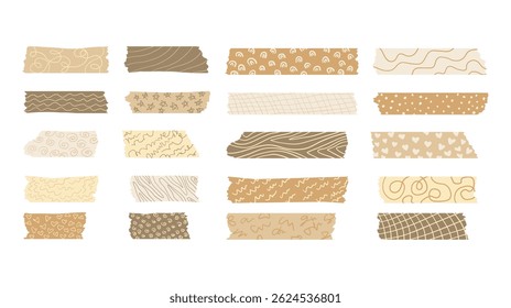 Brown Plaid Washi Tape Set Retro Scrapbook Neutral Beige Stripes, Hand Drawn Simple Doodle Patterned Scribbles, Hearts and Stars, Wave Whimsical Groovy Vector Isolated Design Elements