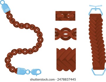 Brown plaited leather belt, blue buckle closed, fashion accessory isolated white background. Details braided belt elements, fashionable design, clothing item illustration. Different parts brown