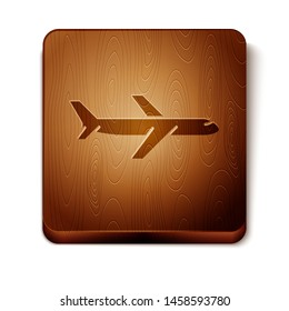 Brown Plane icon isolated on white background. Flying airplane icon. Airliner sign. Wooden square button. Vector Illustration