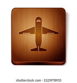 Brown Plane icon isolated on white background. Delivery, transportation. Cargo delivery by air. Airplane with parcels, boxes. Wooden square button. Vector Illustration