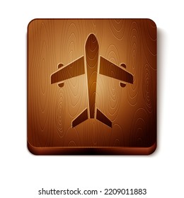 Brown Plane icon isolated on white background. Flying airplane. Airliner insurance. Security, safety, protection, protect concept. Wooden square button. Vector