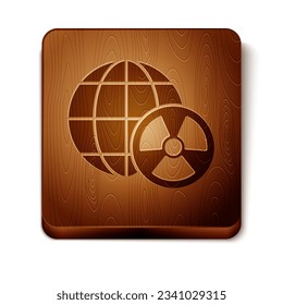 Brown Planet earth and radiation symbol icon isolated on white background. Environmental concept. Wooden square button. Vector