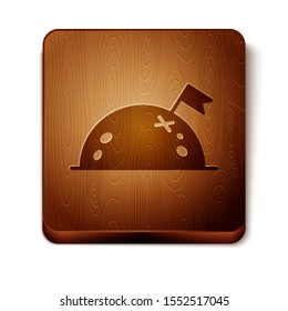 Brown Planet with flag icon isolated on white background. Wooden square button. Vector Illustration