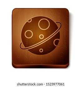Brown Planet icon isolated on white background. Wooden square button. Vector Illustration