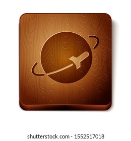 Brown Planet icon isolated on white background. Wooden square button. Vector Illustration