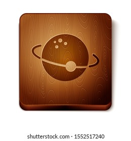 Brown Planet icon isolated on white background. Wooden square button. Vector Illustration