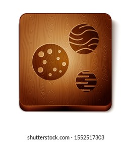Brown Planet icon isolated on white background. Wooden square button. Vector Illustration