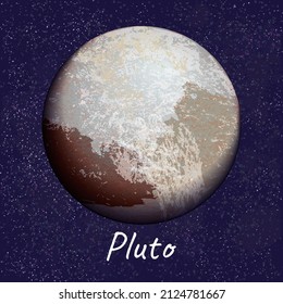 The brown planet Pluto on dark blue space background. Vector realistic illustration of cosmic object from solar system, with caption
