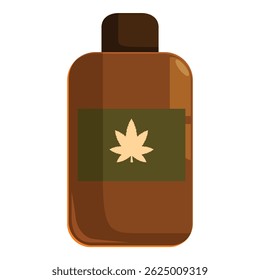 Botella de plástico marrón que contiene aceite de cannabis con una etiqueta verde con un logotipo de hoja de marihuana dorada está aislado sobre un fondo blanco