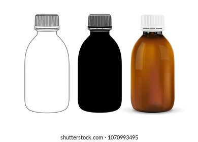 Brown plastic bottle. Outline drawing, silhouette and 3d model. Vector illustration isolated on white background