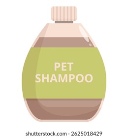 Botella de plástico marrón de champú para mascotas con una etiqueta verde está de pie sobre un fondo blanco