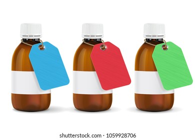 Brown plastic bottles with colored paper tags. Blank title shield. Vector 3d illustration isolated on white background