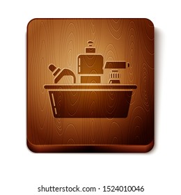 Brown Plastic bottles for liquid laundry detergent, bleach, dishwashing liquid or another cleaning agent icon isolated on white background. Wooden square button. Vector Illustration