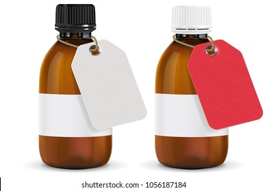 Brown plastic bottles with paper tag. Vector 3d illustration isolated on white background