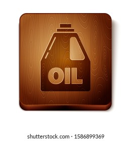 Brown Plastic canister for motor machine oil icon isolated on white background. Oil gallon. Oil change service and repair. Wooden square button. Vector Illustration