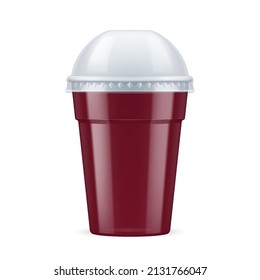 Brown Plastic Cup with Lid For Single Use. Disposable Container Mockup for Drinks Isolated on White Backdrop