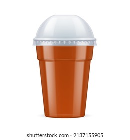 Brown Plastic Cup with Lid For Single Use. Disposable Container Mockup for Drinks Isolated on White Background