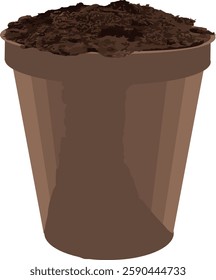 Brown plastic flower pot filled with fertile potting soil, ready for planting seeds or seedlings