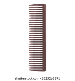 Brown plastic hair comb is standing upright, its teeth are long and closely spaced