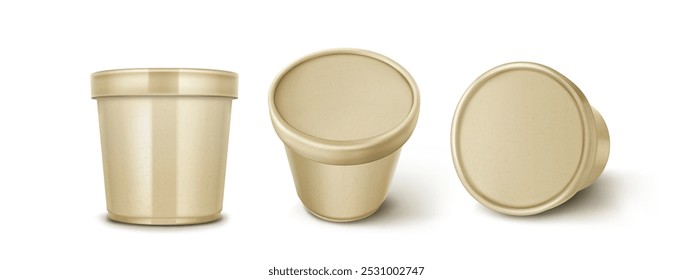 Brown plastic or paper container for ice cream. Realistic 3d vector illustration set of standing and lying blank yogurt package mockup. Round frozen and dairy dessert product packaging template.