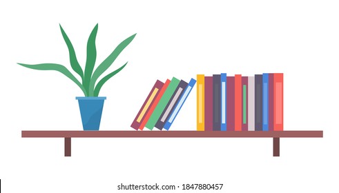 Brown plastic or wooden shelf, multi-colored stack folders, documents, blue pot, green potted flower or succulent. Folders and flower on office shelf. Decorating the office. Books, documents holder