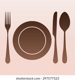 Brown plate with spoon, knife and fork