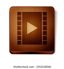 Brown Play Video icon isolated on white background. Film strip with play sign. Wooden square button. Vector Illustration