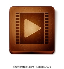 Brown Play Video icon isolated on white background. Film strip with play sign. Wooden square button. Vector Illustration