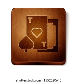 Brown Playing card with heart symbol icon isolated on white background. Casino gambling. Wooden square button. Vector Illustration