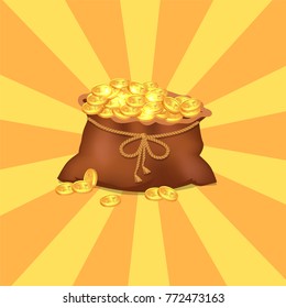 Brown pocket with lot of golden coins with printed stars on them, light brown rope with pretty bow, vector illustration isolated on orange and yellow