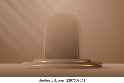 Brown podium with brown curved border and gold lines on the back for product presentation. Cosmetic product display. Stage or podium. vector illustration	