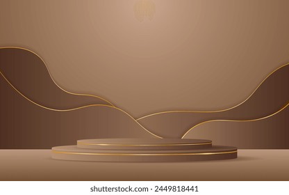 Podio marrón con curvas marrones y elegantes líneas doradas en la parte trasera para la presentación del producto. Exhibición del producto cosmético. Escenario o podio. Ilustración vectorial