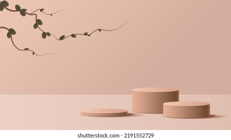 Brown podium display minimal background product display scene of abstract light and leaf for cosmetic, branding and packaging presentation. studio stage with shadow of leaf background. vector design.