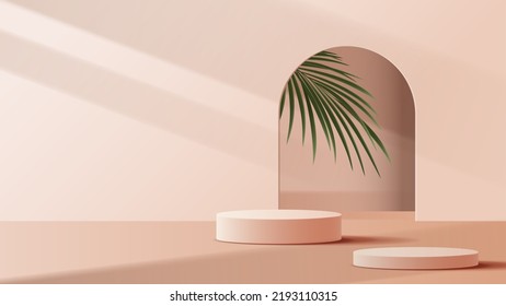 Brown podium display minimal background product display scene of abstract light and leaf for cosmetic, branding and packaging presentation. studio stage with shadow of leaf background. vector design.