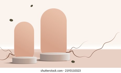 El podio marrón muestra una mínima escena de exposición de producto de fondo de luz abstracta y hoja para presentación cosmética, de marca y de embalaje. escenario de estudio con sombra de fondo de hoja. diseño vectorial.