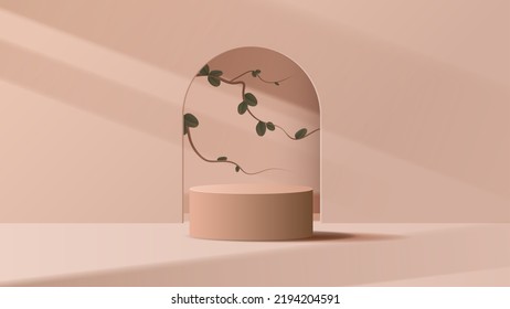 Brown podium display minimal background product display scene of abstract light and leaf for cosmetic, branding and packaging presentation. studio stage with shadow of leaf background. vector design.