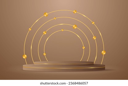 Brown podium with elegant gold lines on the back for product presentation. Cosmetic product display. stage or podium. vector illustration	