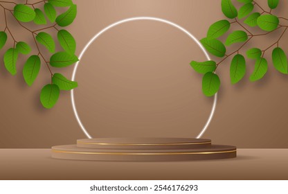Podio marrón con elegantes líneas doradas y hojas verdes en la parte posterior para la presentación del producto. Exhibición cosmética del producto. Ilustración vectorial	