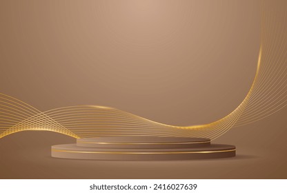 Brown podium with elegant gold wave lines on the back for product presentation. Display of cosmetic products. Stage or podium. vector illustration	